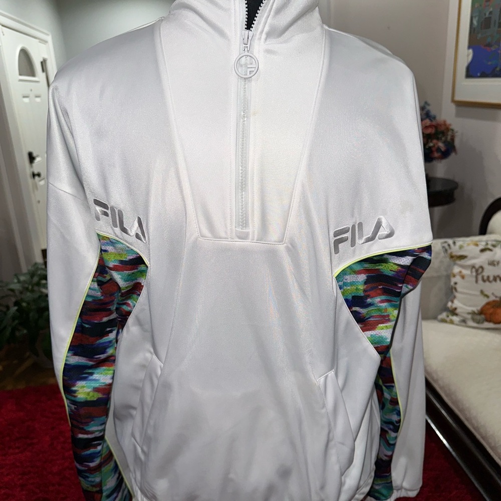 FILA, WHITE WITH MULTICOLORED ACCENTS, MENS DESIGNER, ATHLETIC JACKET    Size: L